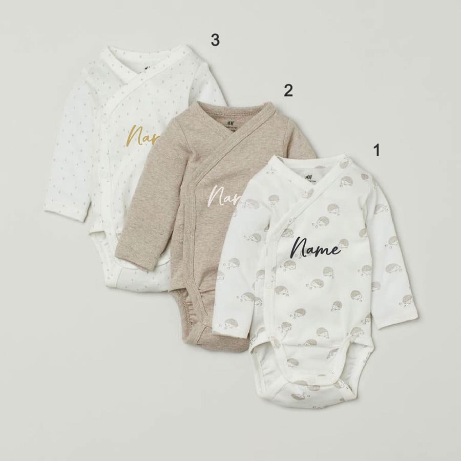 Custom Name on H&amp;M 3-pack long-sleeved bodysuits (0-9mths) - Hedgehogs